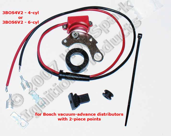 3BOS4V2 or 3BOS4V2 electronic ignition conversion kit for early Bosch vacuum-advance distributors with 2-piece, right-hand points