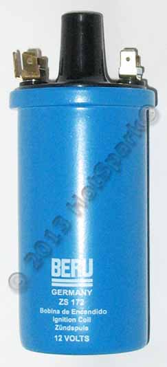 Beru Germany Ignition Coil with 3.3 Ohms Primary Resistance. Ideal for 4-cylinder Hot Spark electronic ignition conversion kit or for use with breaker points. Produces strong, blue spark at the spark plugs.