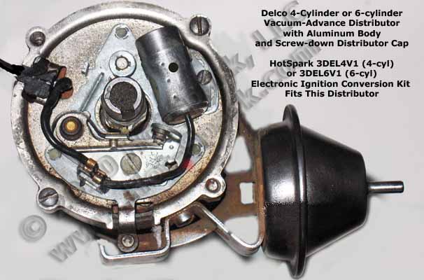 Delco centrifugal-advance breaker points plate replaced by Hot-Spark 3DEL4V1 or 3DEL4U1 electronic ignition conversion kit