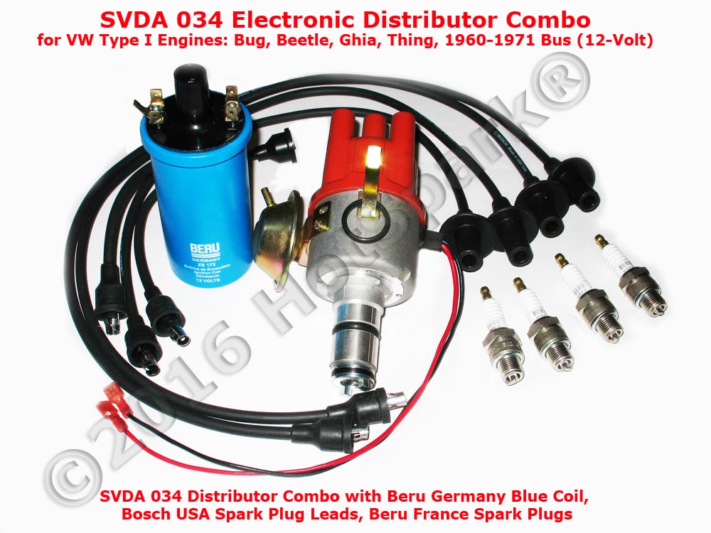 Hot-Spark SVDA 934 Distributor Combo with SVDA Electronic Ignition Distributor, Beru Germany Blue Coil, Bosch USA Spark Plug Leads, Beru Frbce Spark Plugs for VW Type I Engine: VW Bug, Bus, Beele, Ghia, Thing, etc.